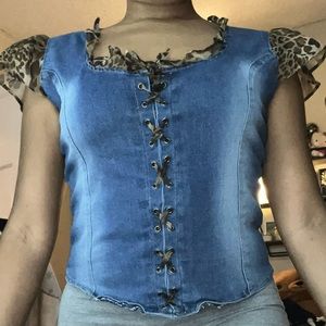 Vintage denim leopard print lace fitted blouse